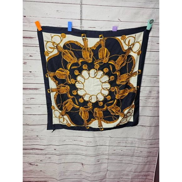 Italian Specialty House Square Polyester Navy Blue White Horse Saddle Gold Scarf - Picture 6 of 10